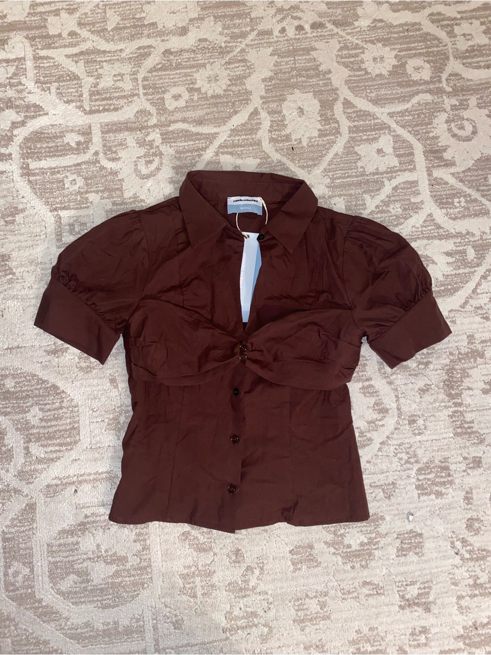 Mode Mischief Janou Layered Blouse Brown Short Sleeve Button Front Crop Blouse